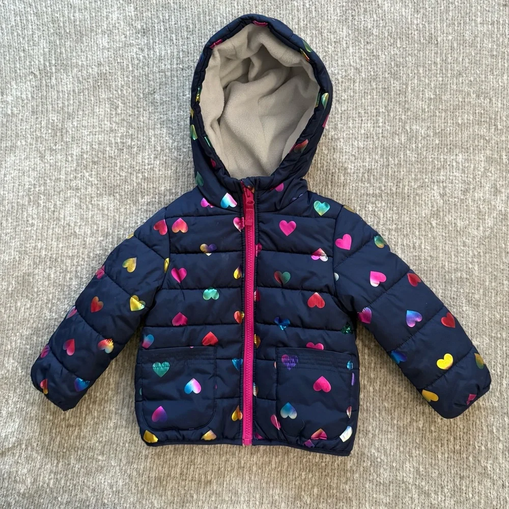 Carter’s Toddler Navy Puffer Jacket Rainbow Hearts‎ Hooded Coat 2T